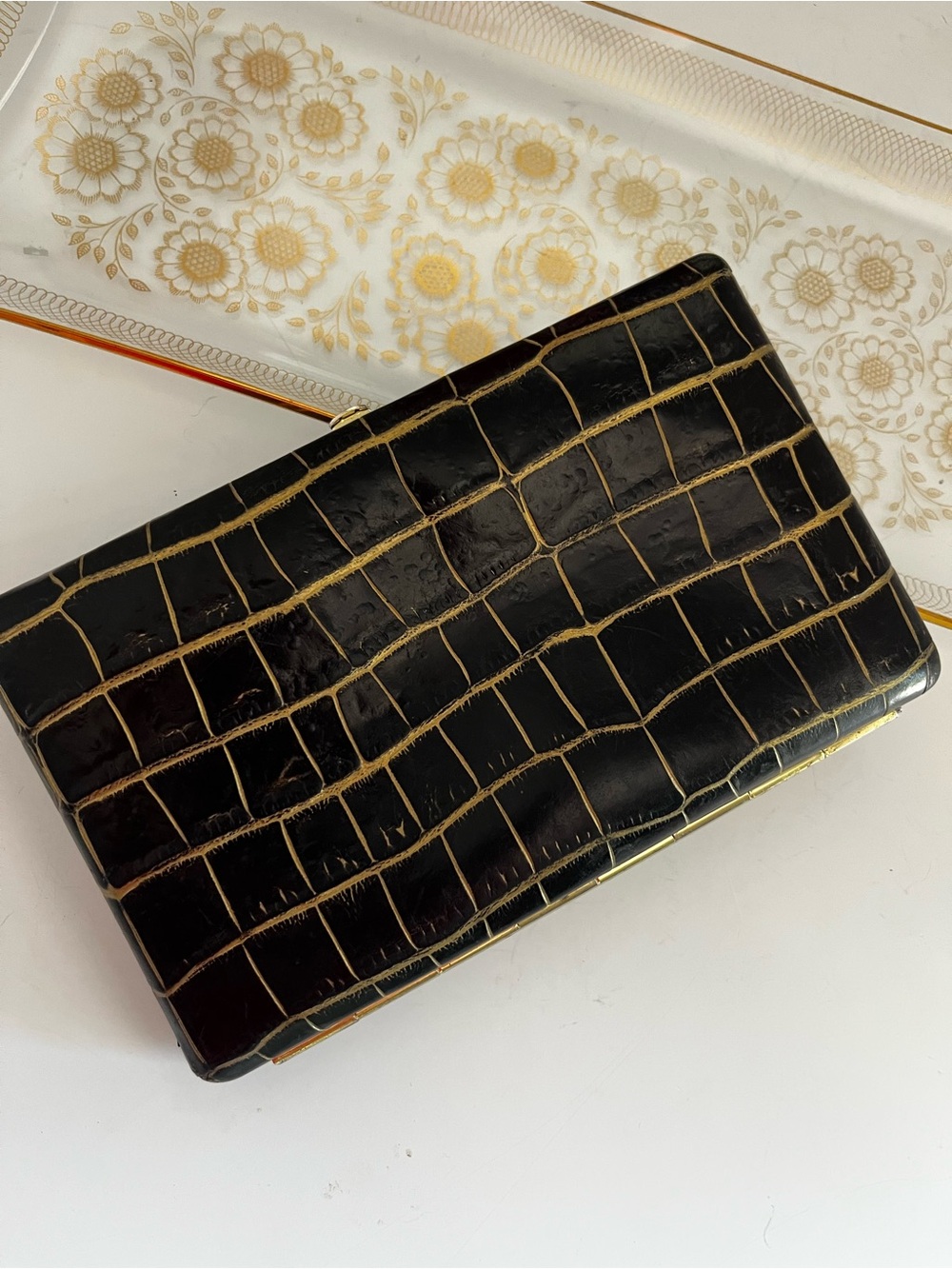 Black Croc-Embossed Clutch Wallet with Gold Detail